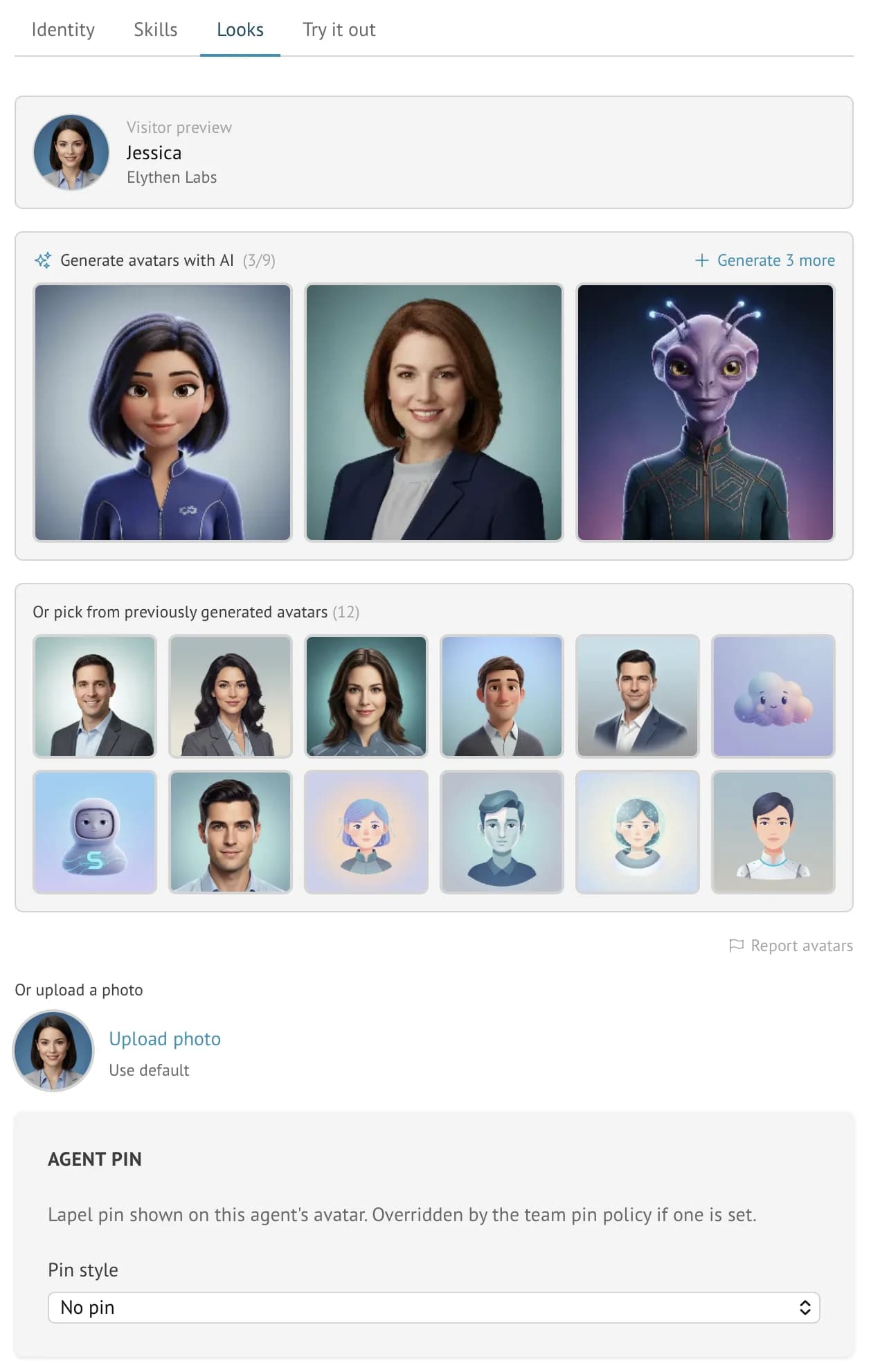 Stand Looks tab showing visitor preview, generated avatars, previously generated avatars, upload photo option, and Stand-in pin settings.