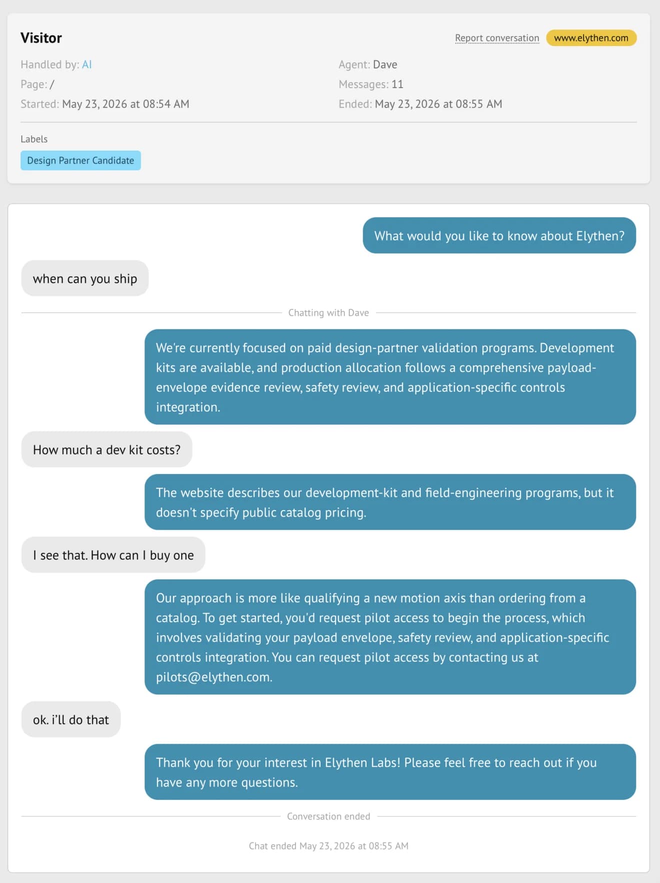 Stand history conversation detail showing a visitor transcript, AI handler, Stand-in name, site, and Design Partner Candidate label.