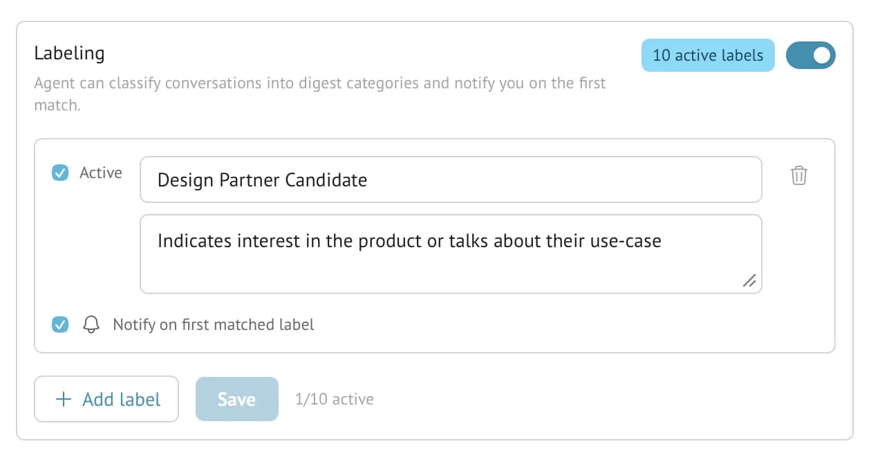 Stand Labeling settings showing an active Design Partner Candidate label with a notification-on-match option.