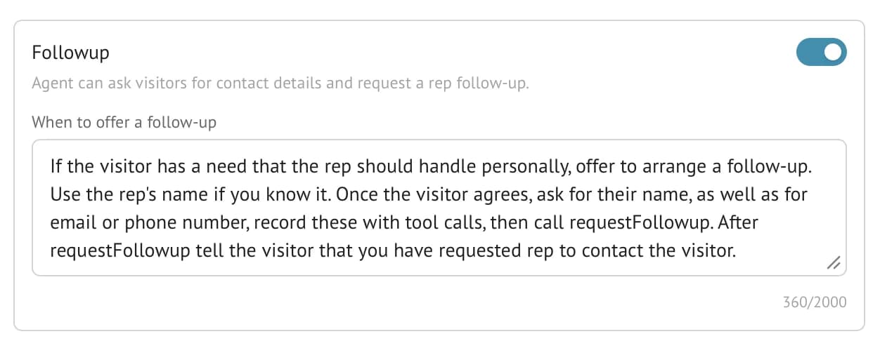 Stand Follow-up settings showing instructions for when the Stand-in should offer a rep follow-up and collect contact details.