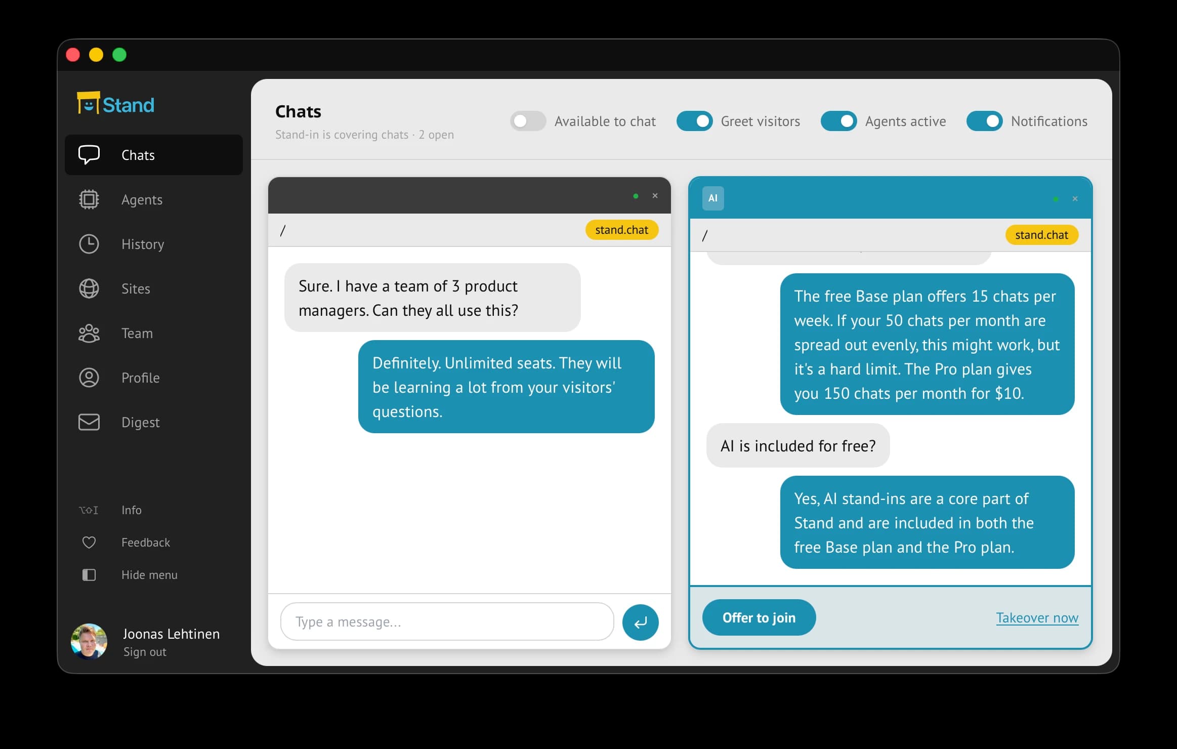 Stand’s dashboard with two live chats side by side: on the left a rep answers a visitor, on the right an AI Stand-in answers questions about plans, with Offer to join and Takeover now below it.